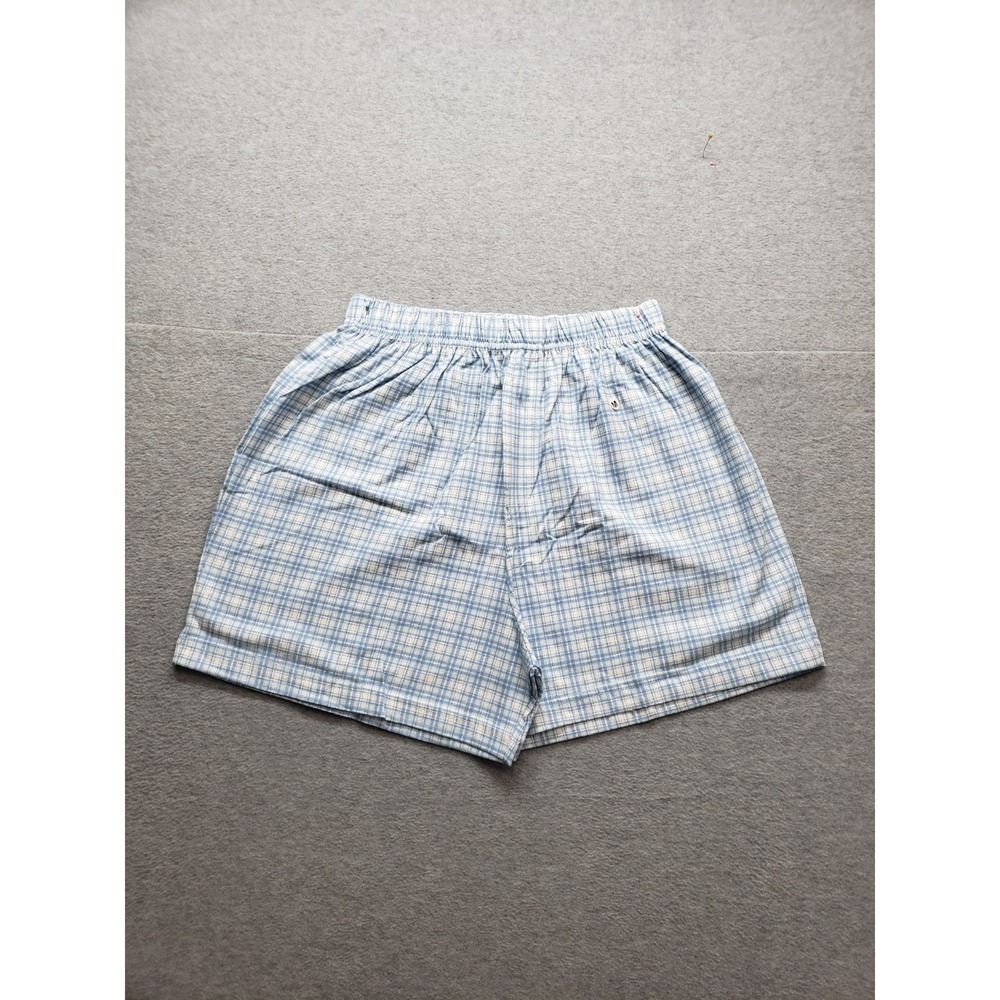 Moda International Men Shorts M Blue White Plaid Elastic Waist Pull On Sleepwear